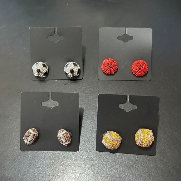 Jewelry - NWT 4 Pairs of Rhinestone Sports Ball Earrings